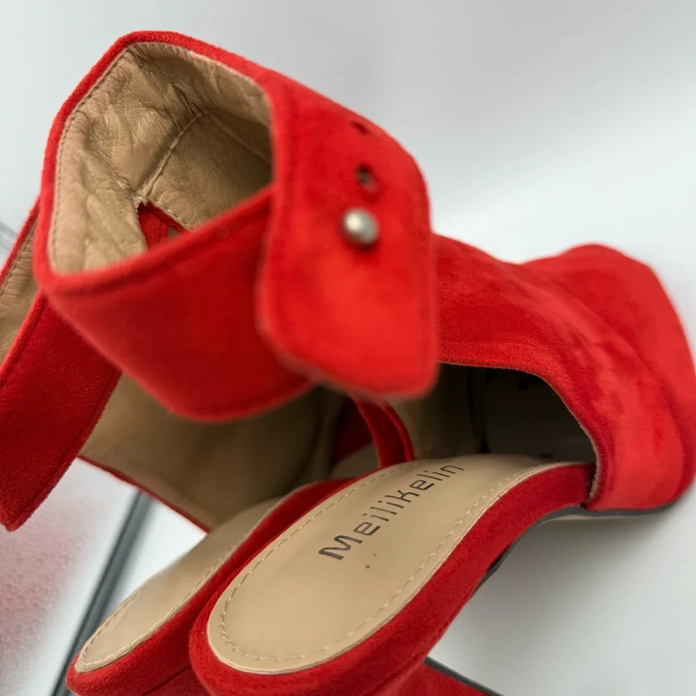 Meiliani Red Faux Suede Peep Toe Stiletto Booties Women’s Size 8 - Picture 8 of 15